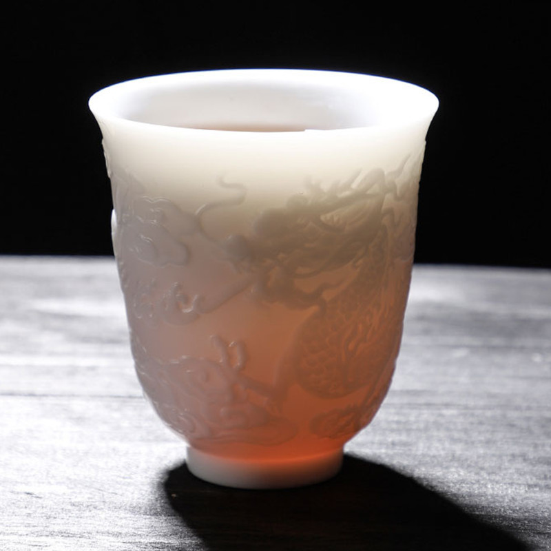 德化白瓷 浮雕龙茶杯羊脂玉瓷陶瓷功夫茶杯 手工素烧祥云主人杯子-阿