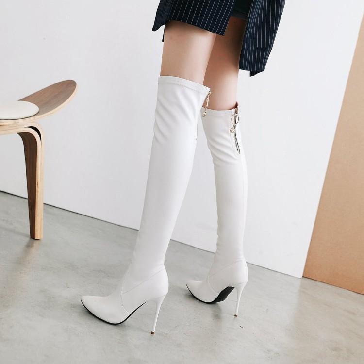 美鞋白色靴子细跟高跟过膝长靴弹力靴瘦腿大码靴子小码女靴 lqw