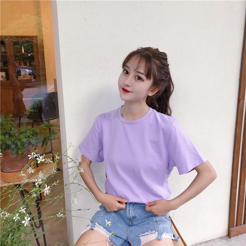 批发紫色短袖t恤女后背字母印花宽松学生上衣韩范简约夏季