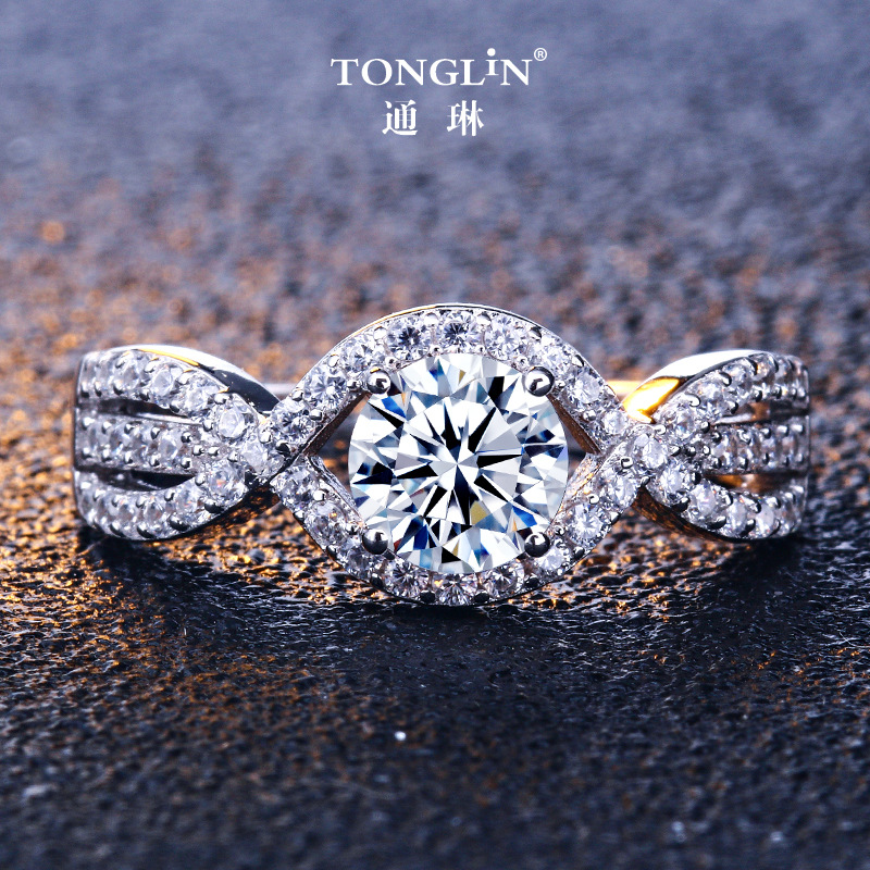 通琳跨境爆款纯银排钻戒指女款欧美时尚镶锆石925银女戒 一件代发