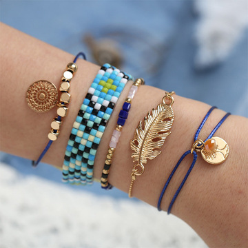 欧美跨境饰品友谊手链原创组合套装5件夏季蓝色系水晶珠手工编织