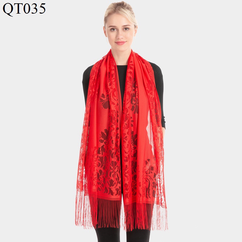 Cross-Border Lace Hollow Scarf Female Tassel Air Conditioning Shawl Factory Direct Sales New Pure Bright Red Scarf Wholesale