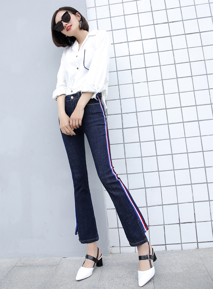 2020春季新款时尚开叉喇叭牛仔裤 九分微喇牛仔女裤 修身显瘦女裤