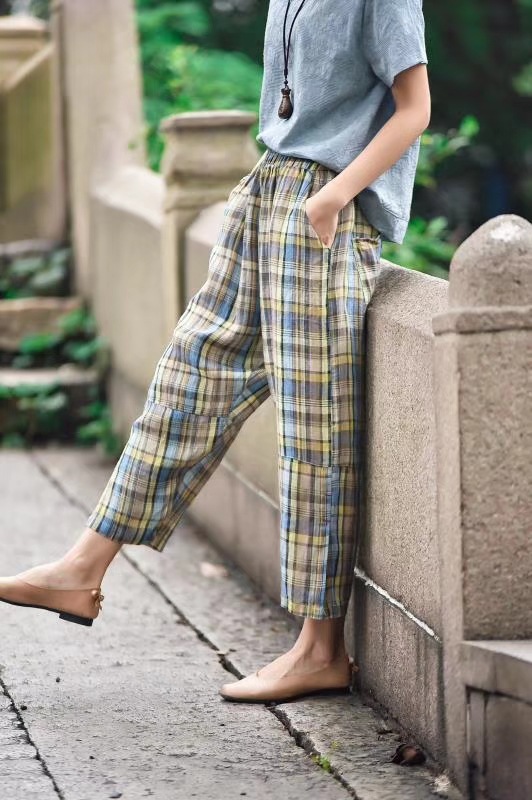 2018夏季新款 日式宽松百搭格子亚麻松紧腰垮裤女九分裤1819