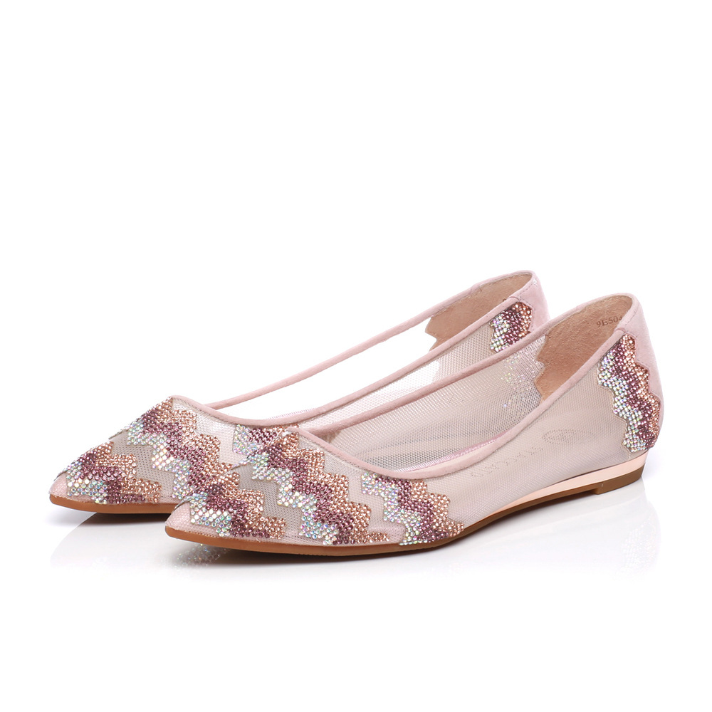 2018夏季新款平底网纱面女鞋正品粉色外出休闲尖头凉鞋女一件代发