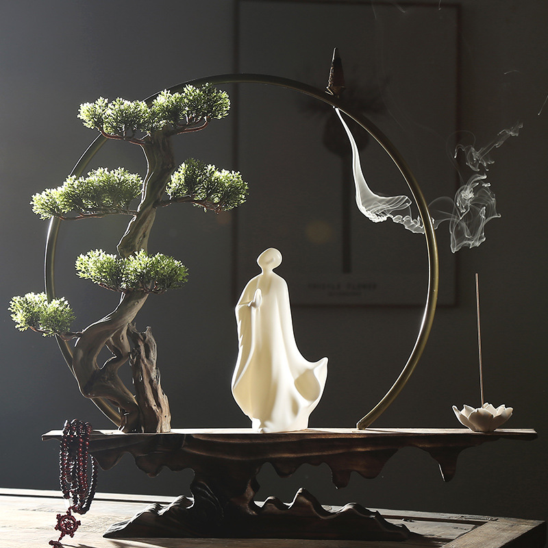 新中式佛系古典禅意风化木原木自然人物家居倒流香炉摆件家居饰品