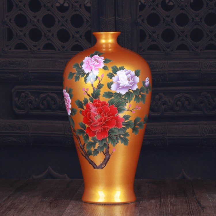 景德镇陶瓷水晶釉花开富贵金色牡丹梅瓶 现代家居装饰客厅装饰品