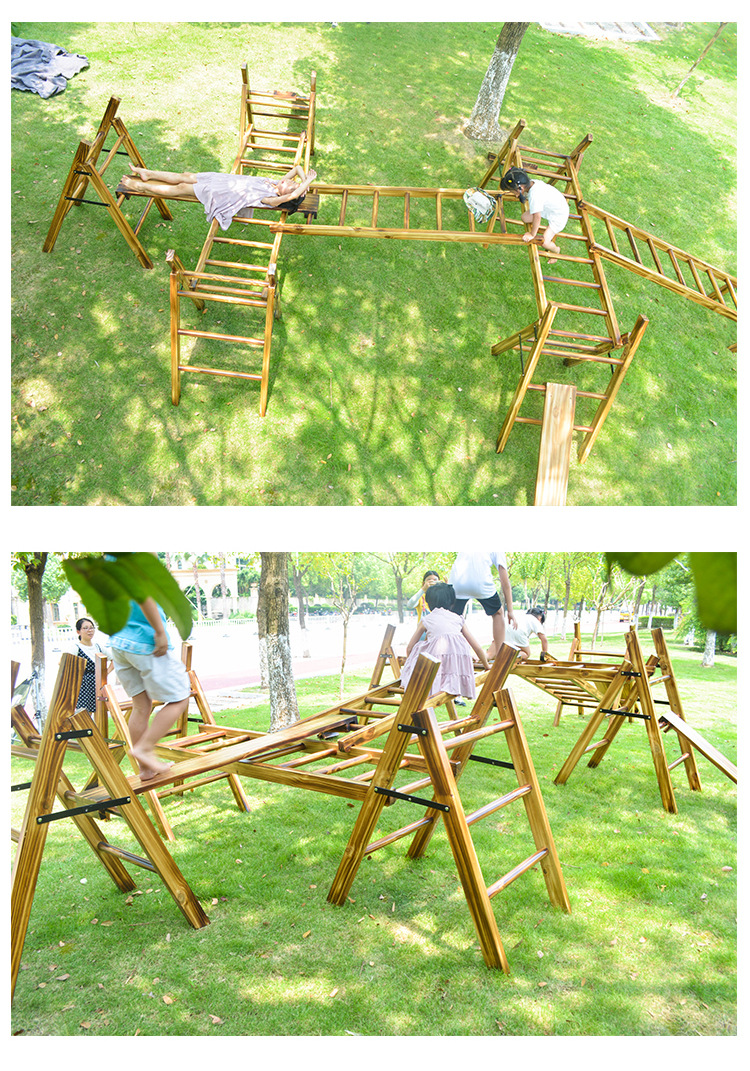 安吉游戏器材 幼儿园户外游戏梯子组合 炭烧积木碳化攀爬梯子组合