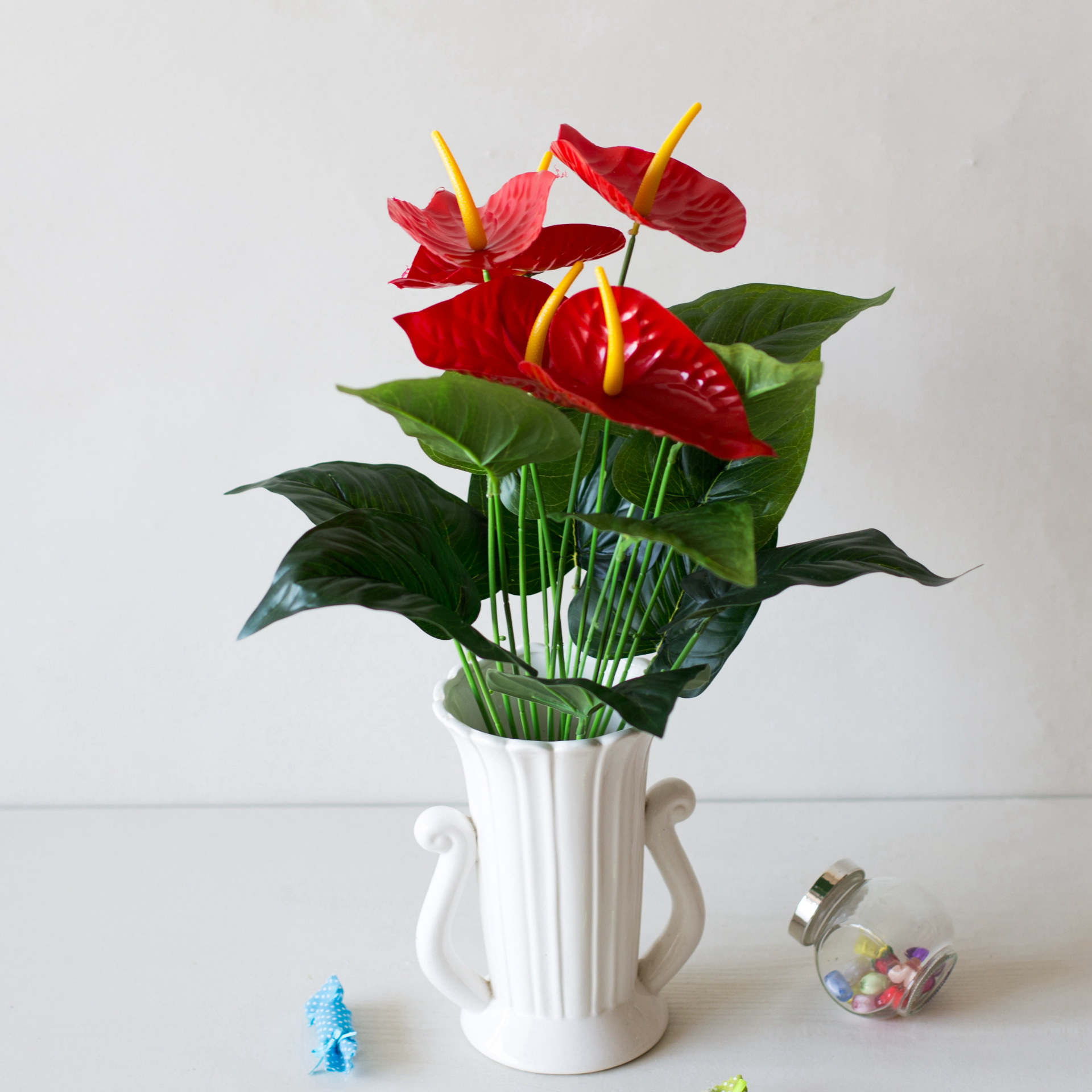 18头5花高仿真花卉大红掌仿真盆栽办公摆件仿真植物盆景塑料花