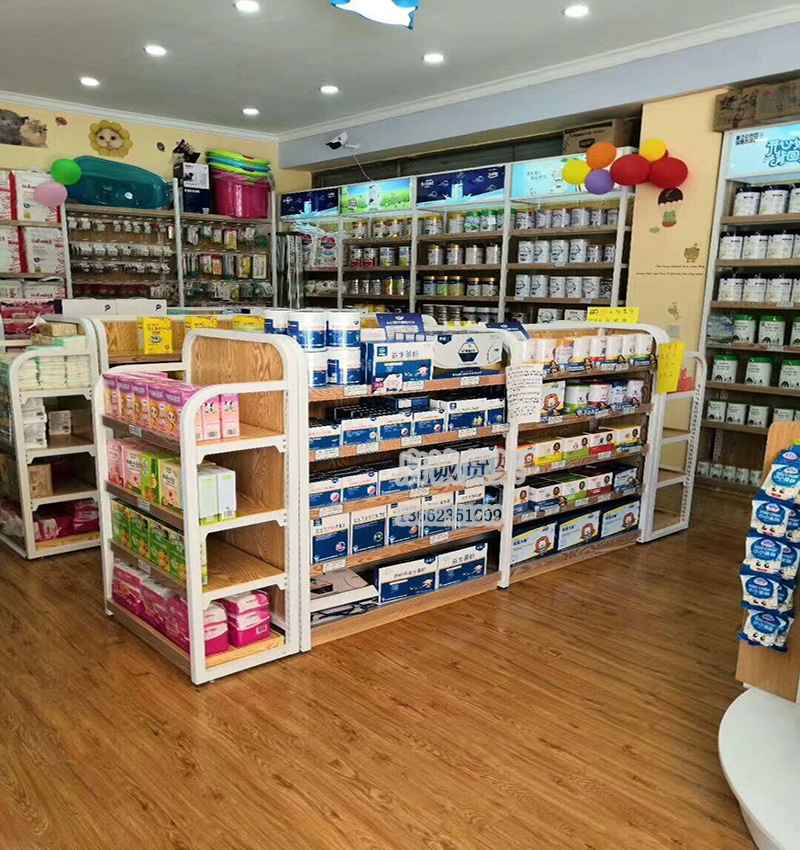 木制母婴奶粉货架孕婴玩具店童装童车货柜婴儿用品展示架钢木货架