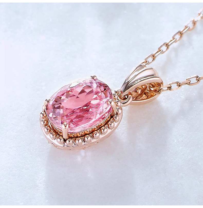 臻荣欧美合成樱花粉碧玺吊坠 女彩宝镶嵌粉水晶镀18k玫瑰金项链