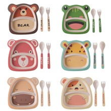 创意环保竹粉竹纤维儿童餐具套装五件套幼儿园宝宝卡通碗分格餐盘