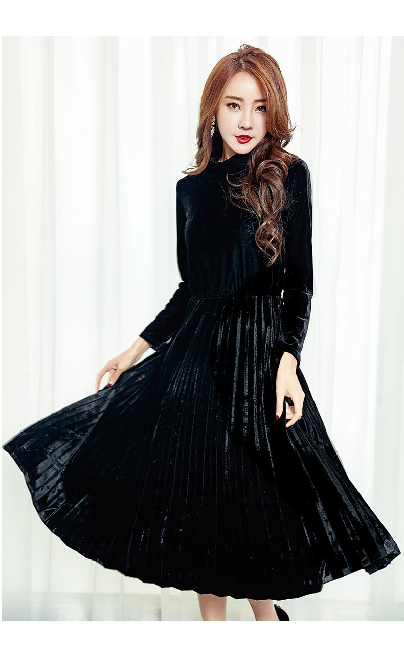 裙子2018春季金丝绒连衣裙新款女装名媛高领长袖中长款百褶打底裙