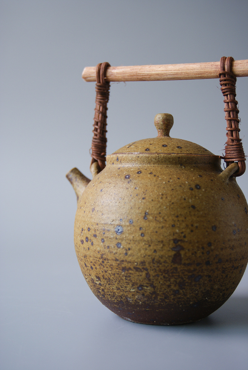 铜茶壶_陶壶 纯手工粗陶烧水壶泡茶壶竹把提梁老岩