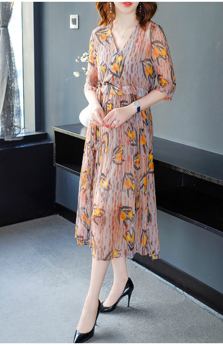 真丝连衣裙女夏2019新款名媛气质温柔裙超仙收腰中长款桑蚕丝裙子