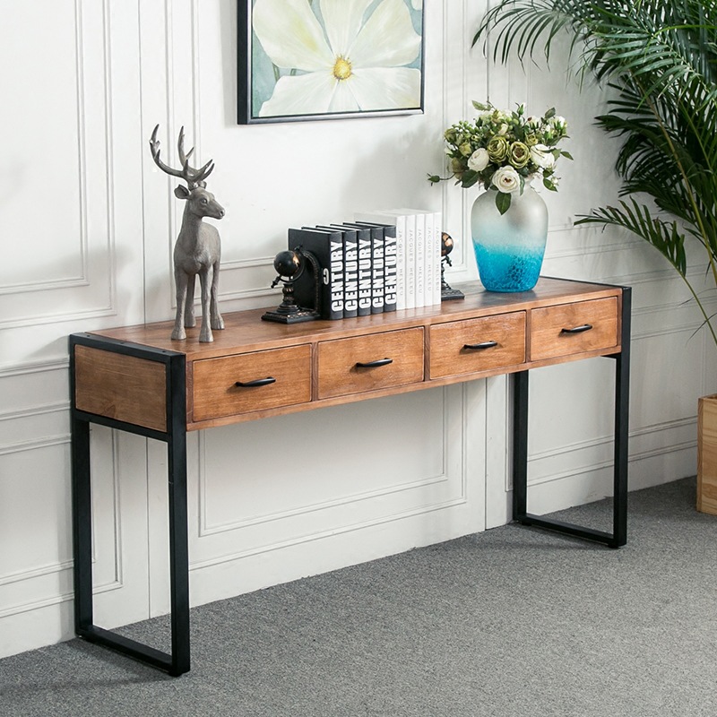 美式loft复古做旧办公桌 实木抽屉书桌会议桌 创意个性墙边窄桌子