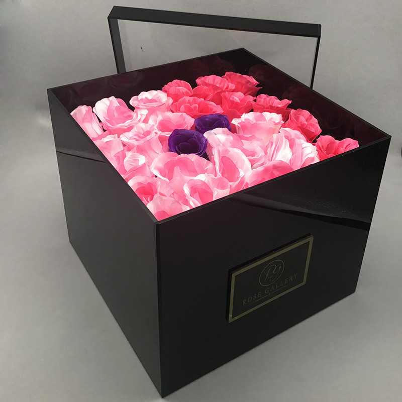 镜面黑亚克力花盒玫瑰花展示盒方形压克力情人节防尘鲜花盒子定制