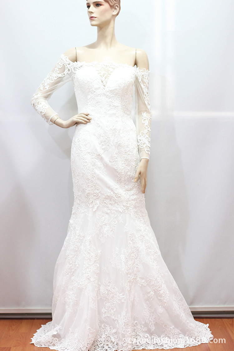 外贸新款婚纱一字肩长袖露肩wedding dresses法式简约森系拖尾