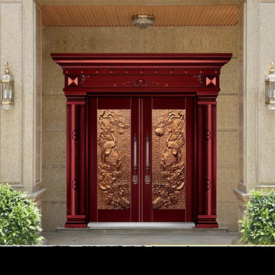 松鹤延年大门古风别墅客厅双开门优质厂家锌合金非标门甲级防盗门