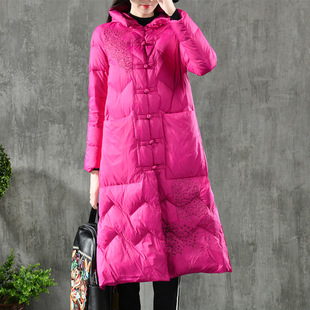 2018冬季新款复古盘扣刺绣过膝长款连帽羽绒服加厚外套女