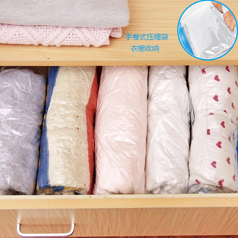 现货批发旅行出差手卷真空压缩袋内衣行李免抽气收纳袋透明压缩袋
