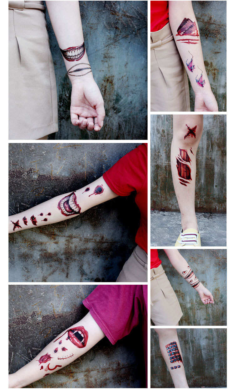 环保防水纹身贴纸 万圣节道具恐怖血腥伤疤搞怪文身 手臂纹身