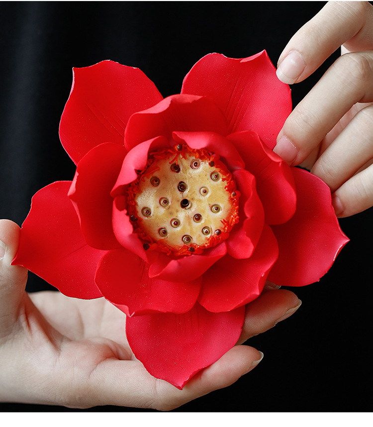 创意茶宠 熏香炉香道 手捏陶瓷花摆件白莲花睡莲禅意香插厂家批发