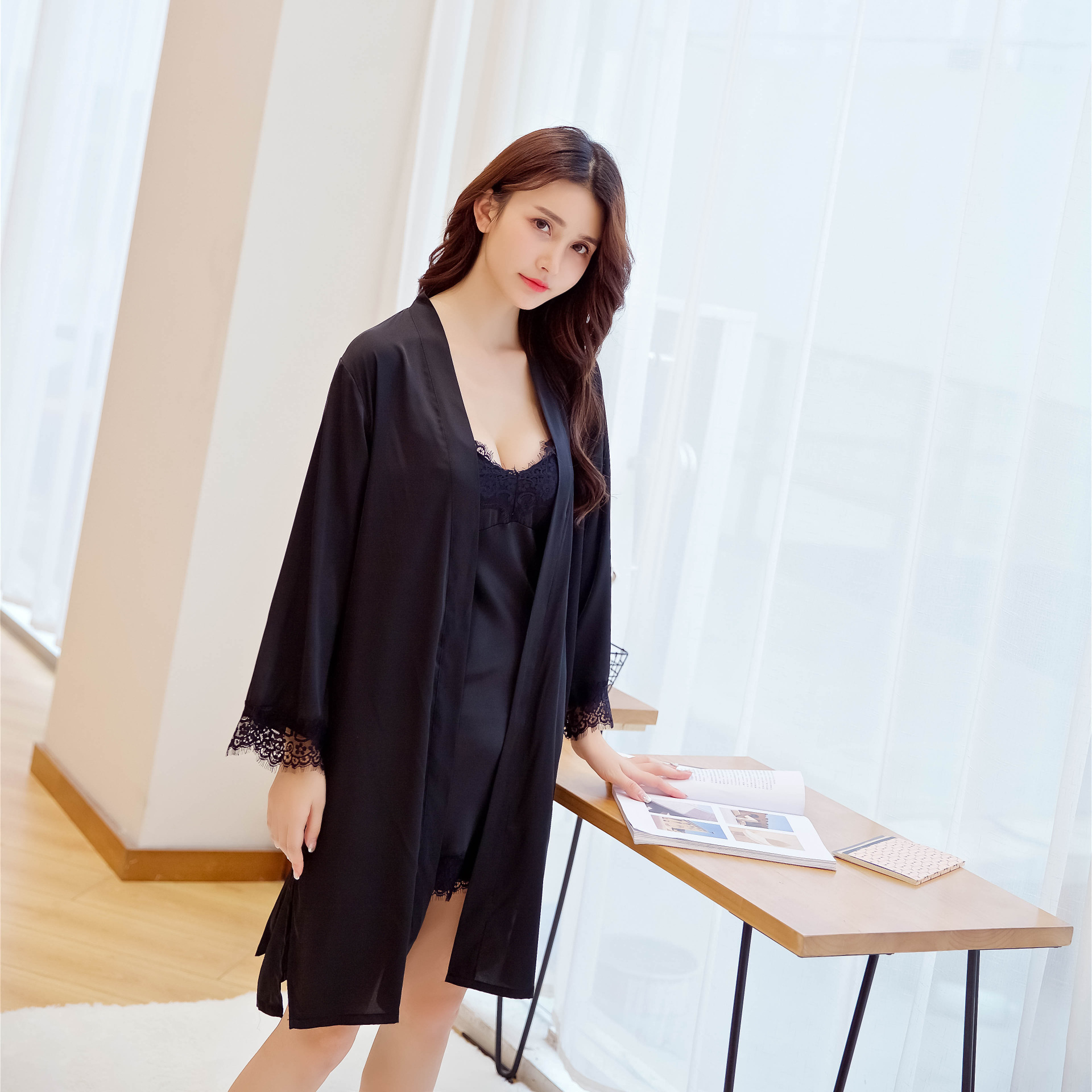 带胸垫睡衣女性感短袖吊带睡裙女夏天冰丝睡袍两件套真丝绸家居服