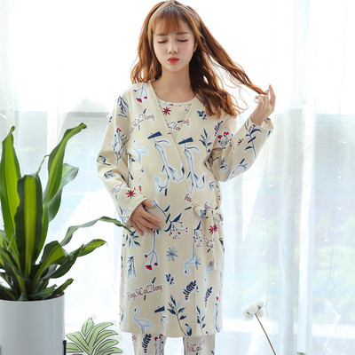 加长款孕妇时尚月子服三件套 产妇和服居家喂奶服产后哺乳装