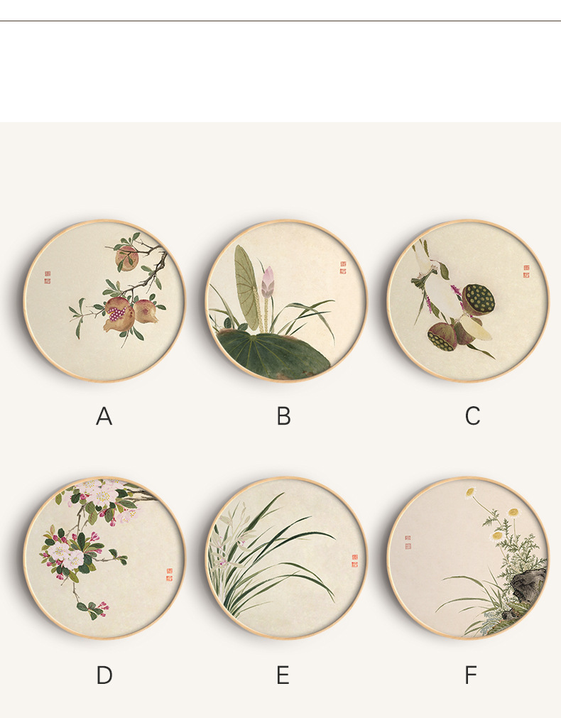 新中式装饰画茶室挂画圆客厅背景墙壁画圆形实木框三联画水墨花卉