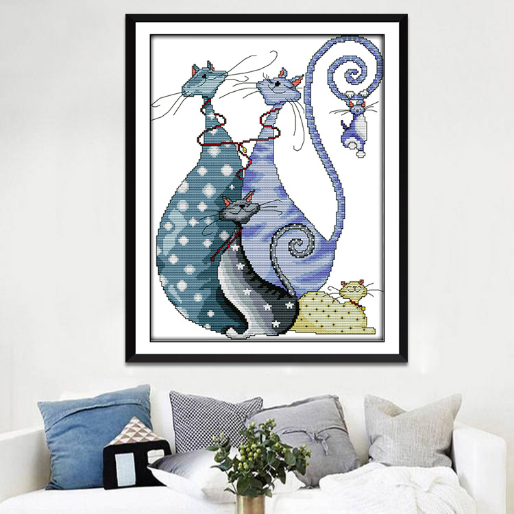 跨境diy新款十字绣两只猫卡通小幅简单绣自绣刺绣材料包一件代发