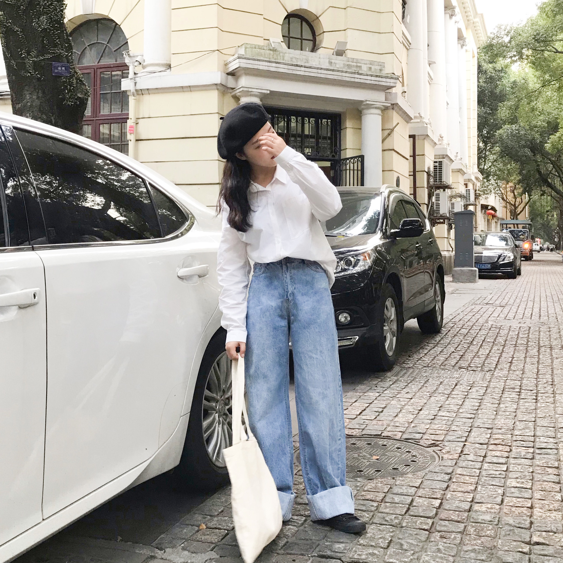 [誉一]2020春季韩版高腰基础直筒长裤子洗水休闲翻边拖地牛仔裤女