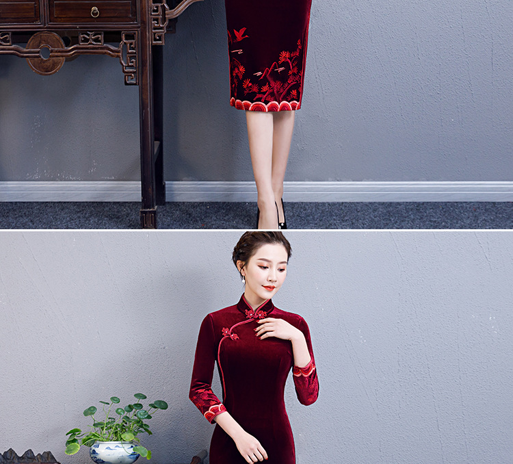 金丝绒绣花旗袍礼服婚礼婚庆妈妈装2018新款冬女厂家直销批发3332