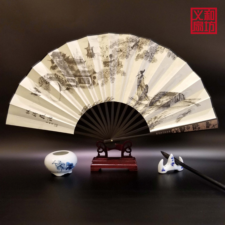 Fan Custom Men's Folding Fan Wholesale Chinese Style Fan Antique Male Fan Carved Silk Large Silk Fan Classical Bamboo Fan