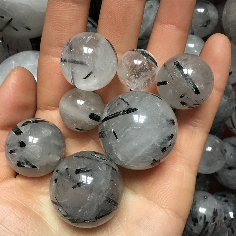 天然黑发晶球 黑碧玺水晶球摆件 招财镇宅