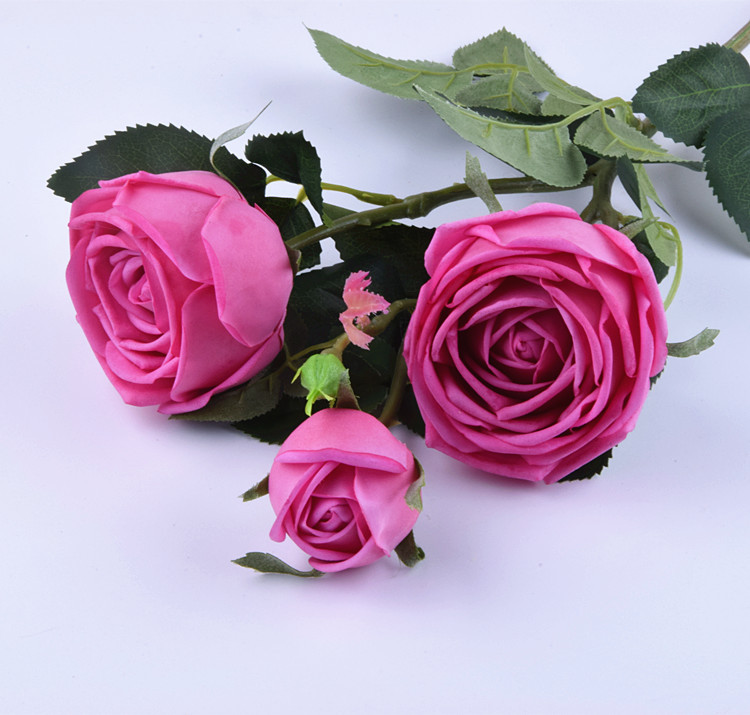 高仿真花3头保湿玫瑰 婚庆家居绢花高档装饰假花手感保湿玫瑰