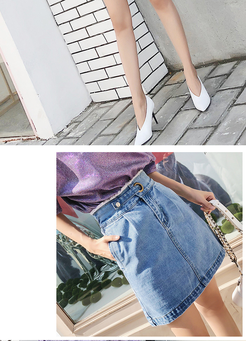 夏季新款白搭高腰牛仔半身裙韩版裤头毛边圆环显瘦浅蓝色a字裙