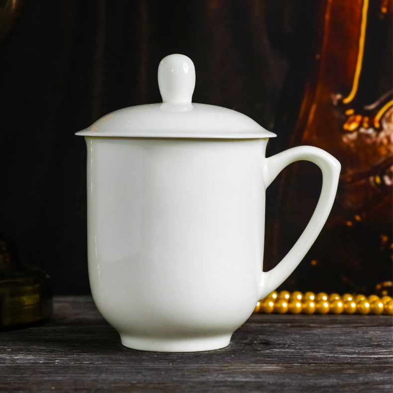 景德镇骨瓷杯办公会议杯陶瓷带盖茶手柄茶杯创意水杯印字定制礼品