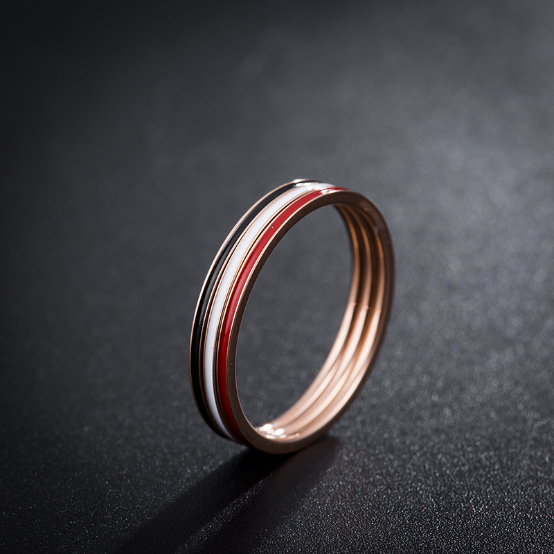 2018新款黑白红三色滴油钛钢戒指简约玫瑰金钛钢一款多带指环批发