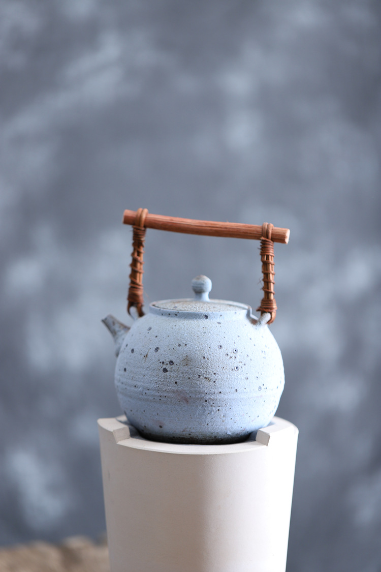 景德镇粗陶粉引虫蛀茶壶泡茶壶木柄提梁壶粗陶耐火大茶壶