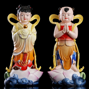 圆通佛具厂家直销陶瓷 金童玉女 佛像批发深彩德化瓷手工善财童子