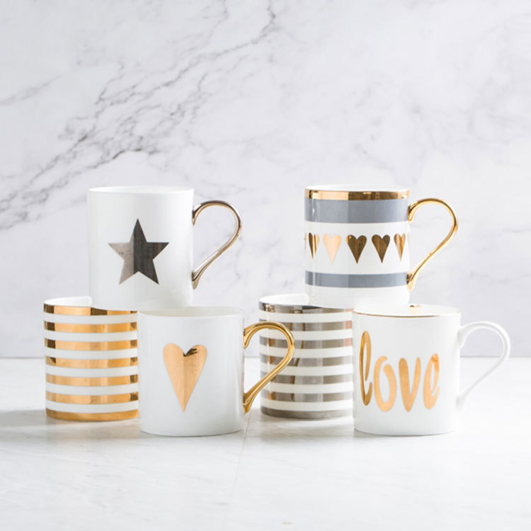 Nordic Style Simple Gold Outline Ceramics Mug Office Water Glass Home Breakfast Coffee Cup Milk Cup Couple's Cups