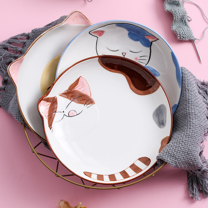 Creative Cute Japanese Ins Style Net Red Cute Cat Plate Sushi Pastry Plate Wedding Plate Pink Girl Heart