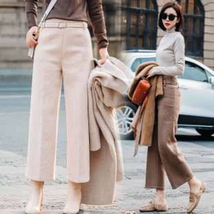 2017新款韩版米色阔腿裤女秋冬款高腰呢子冬天女士加厚毛呢九分裤