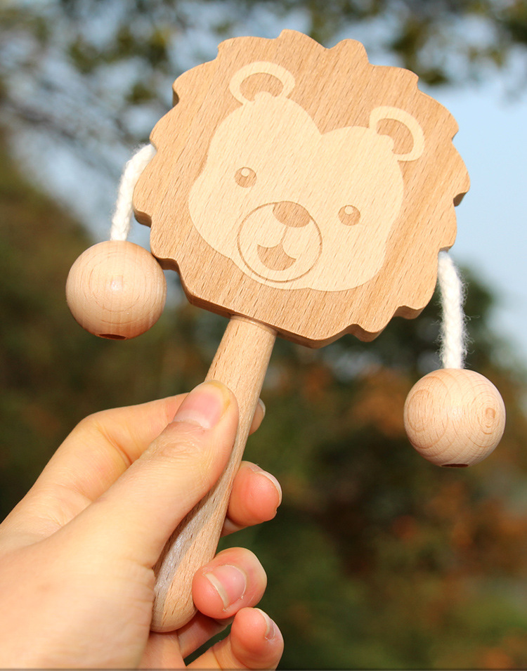 早教益智婴幼儿木制拨浪鼓手摇铃玩具优质榉木卡通动物手摇拨浪鼓