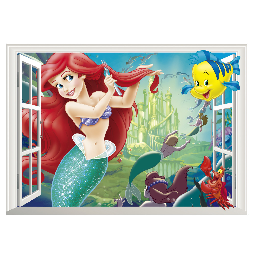 d004迪士尼墙贴可爱美人鱼墙贴纸卧室儿童背景墙公主卡通墙壁贴画