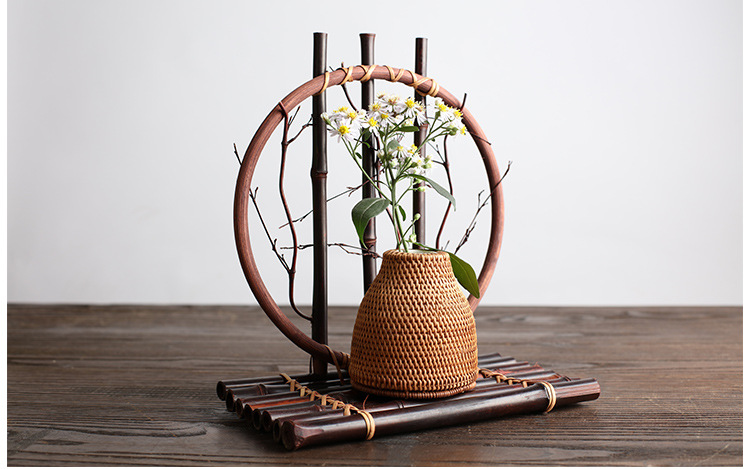 圆形紫竹花器 竹编花器 紫竹篱笆摆设 禅意茶桌摆件 复古装饰道具