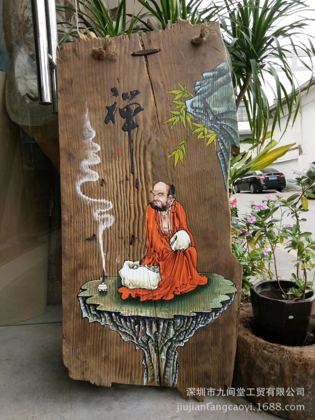 风化木老门板装饰画手绘挂画禅意达摩系列