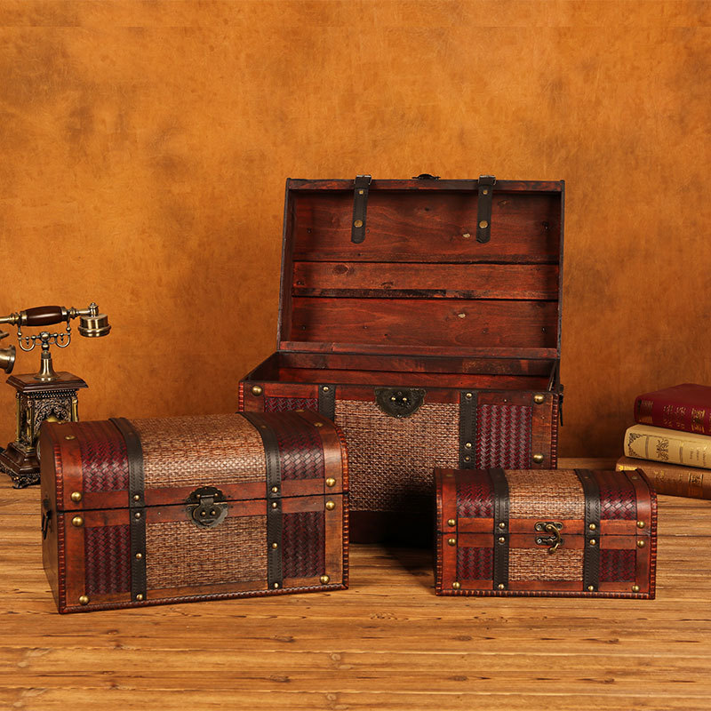 欧式手工做旧木箱 藏宝木盒子 复古藤条储物箱 橱窗摆件 支持代发
