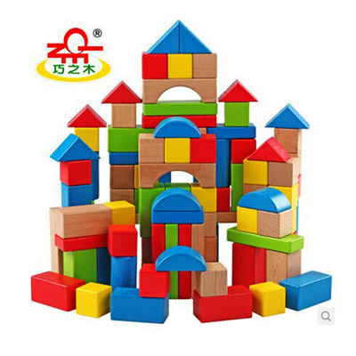 巧之木经典100粒彩虹积木制纸桶装儿童早教益智堆搭城堡积木玩具